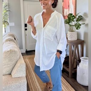 AERIE Pool To Party Oversized Cotton Gauze Button-Down Swim Coverup White